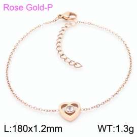 Stainless steel 185x1.2mm welding chain lobster clasp crystal heart charm rose gold bracelet